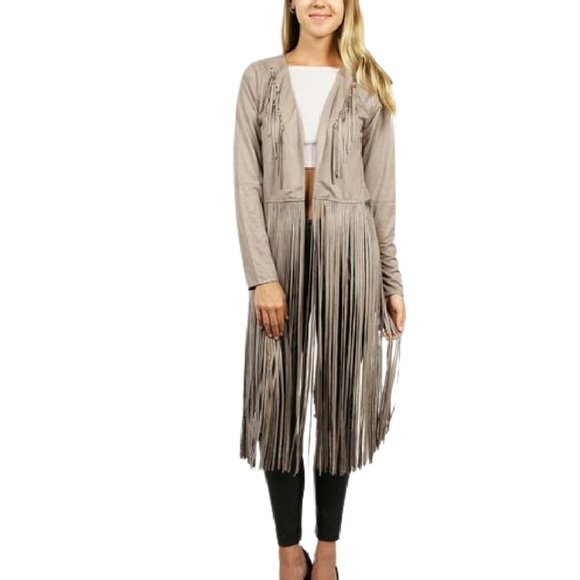 Stylish Grey Bohemian Faux Suede with Long Fringe Hemline - Picture 1 of 4
